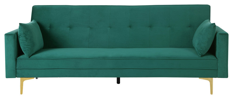 Siena Velvet Convertible Sleeper Sofa With Pillows, Emerald Green