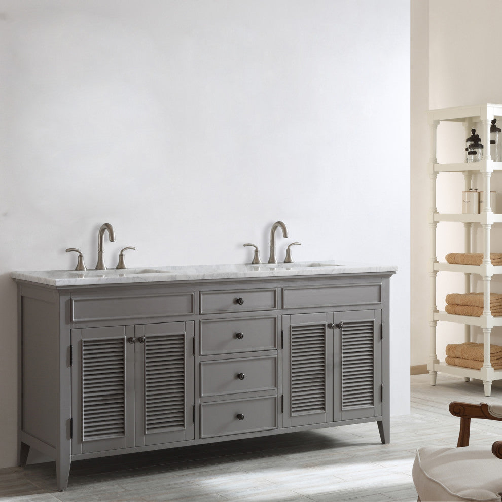 72" Double Vanity in Grey with Carrara White Marble Countertop Without Mirror