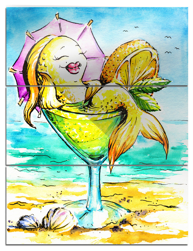 "Gold Fish Enjoying Holidays Beach" Cartoon Metal Wall Art, 3 Panels, 28"x36"