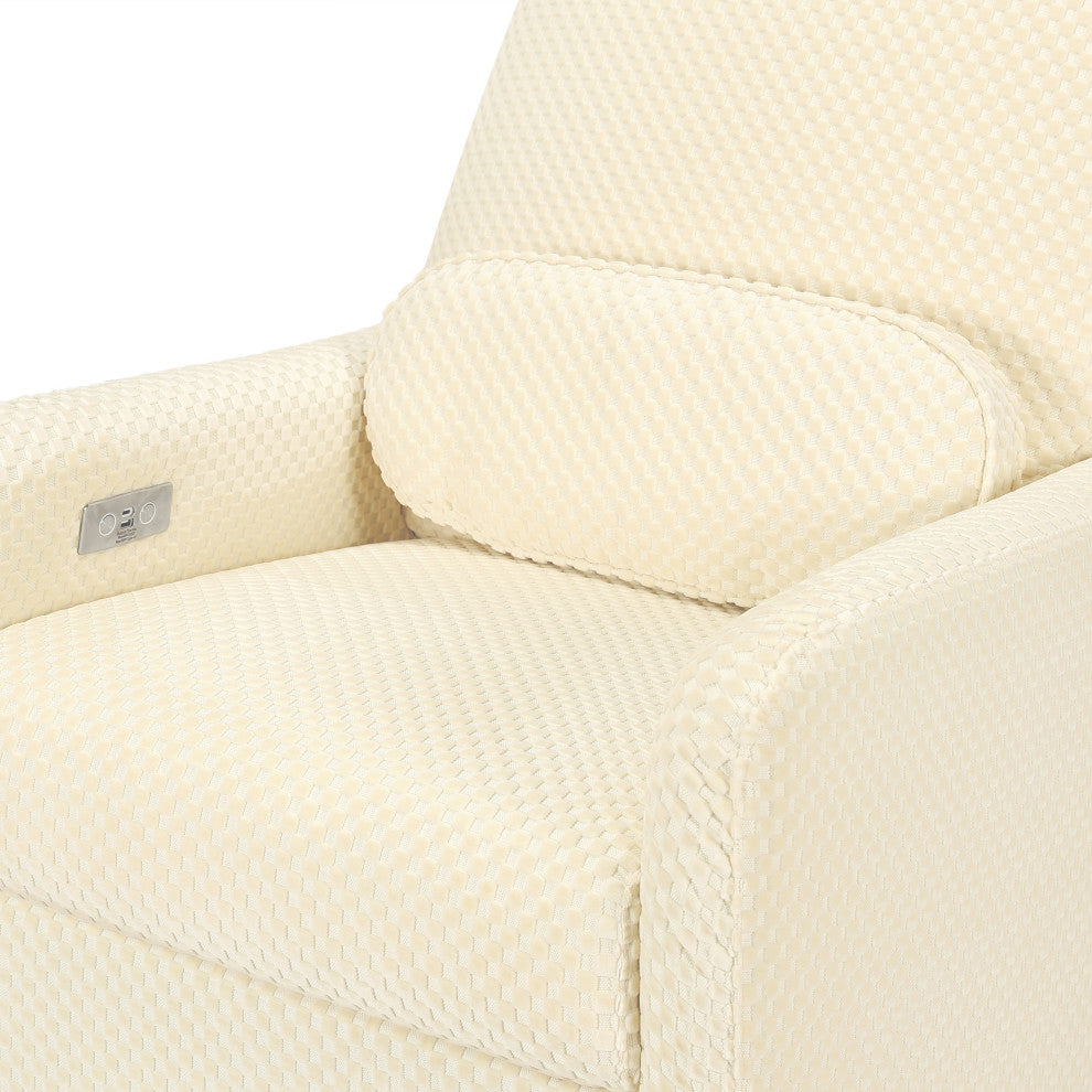 Arc Electronic Recliner/Swivel Glider, Velvet Checker, USB Port, Ivory Velvet Checker With Light Wood Base