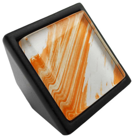 Hand Brushed Orange Tilted Strokes Crystal Glass Black Metal Square Frustum Knob