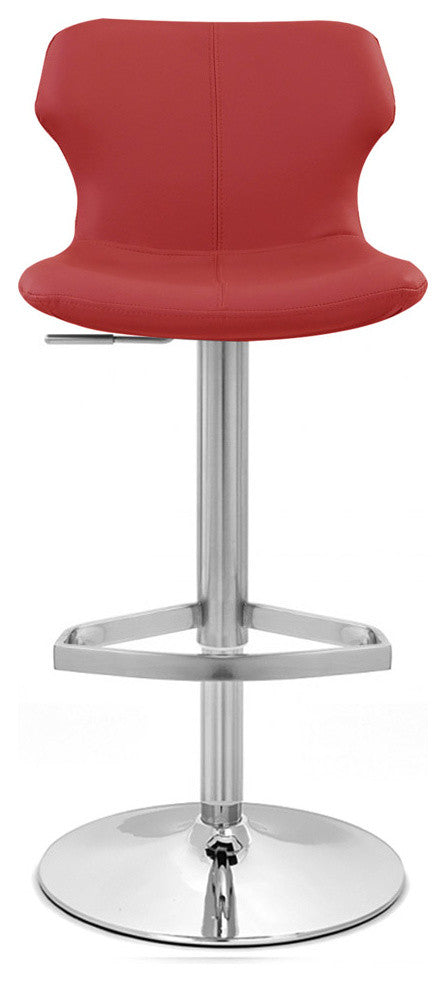 Modern Ellery Bar Stool Red Leatherette Polished Chrome Adjustable Base