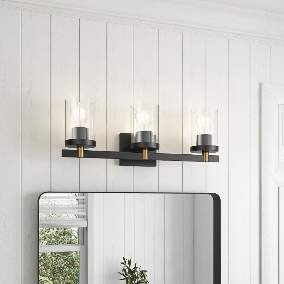 Farmhouse 3-Light Vanity Light Over Mirror With Clear Glass Shade, Black