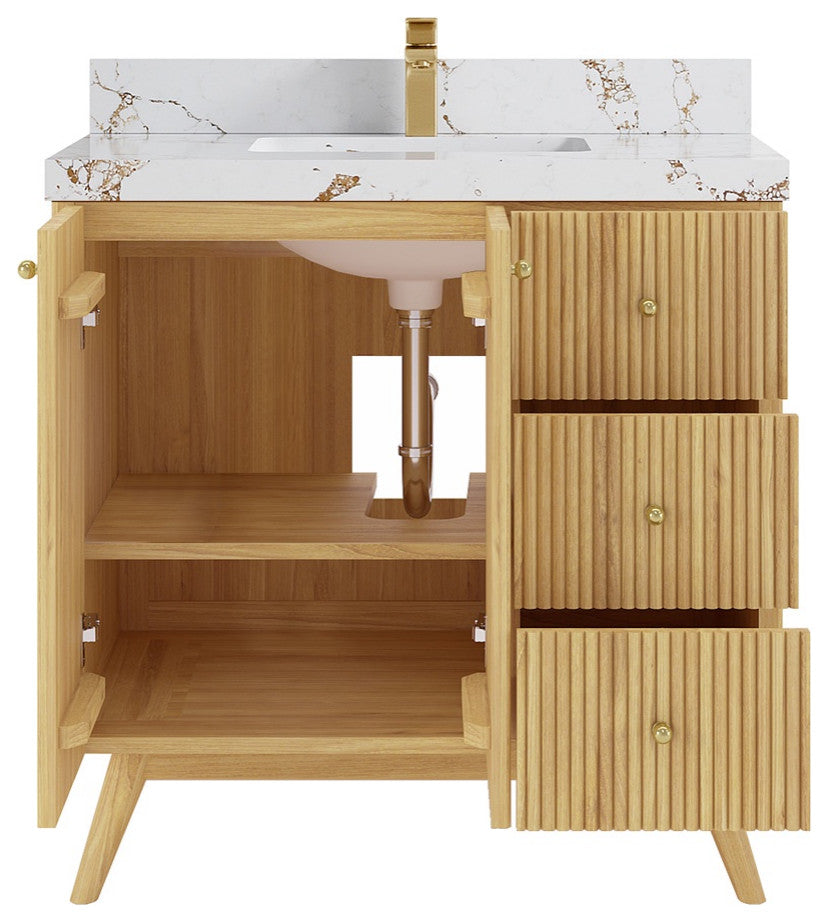 Pasadena 36 Center Sink Bath Vanity in Light Natural Teak 2" Viola Gold