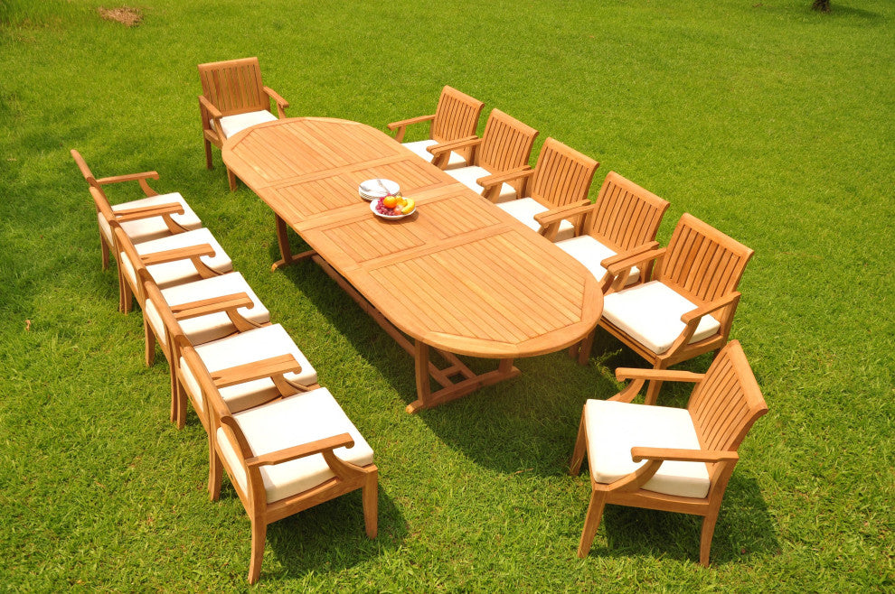 13-Piece Outdoor Teak Dining Set: 117" Masc Oval Extn Table, 12 Lagos Arm Chairs