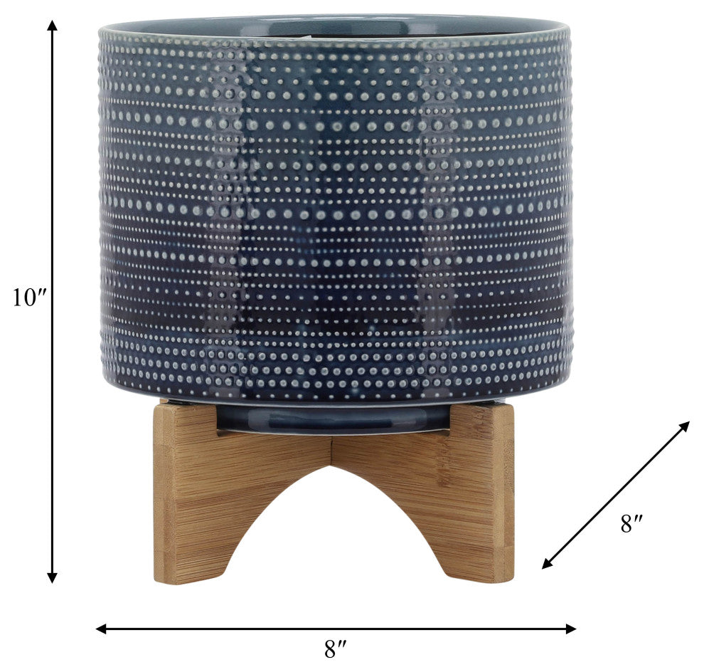8" Dotted Planter With Wood Stand, Blue