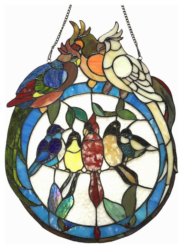 Songbird Tiffany-Glass Featuring Birds Resting On Wire Window Panel 19X25