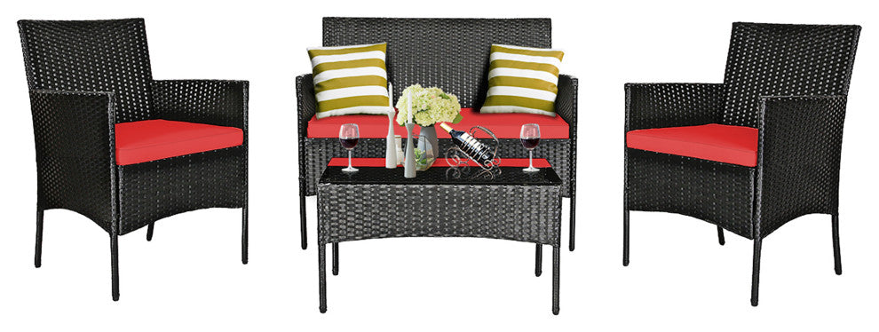Costway 4PCS Patio Rattan Furniture Set Cushioned Sofa Coffee Table Red