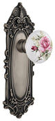 Victorian Plate Passage White Rose Poreclain Door Knob, Antique Pewter