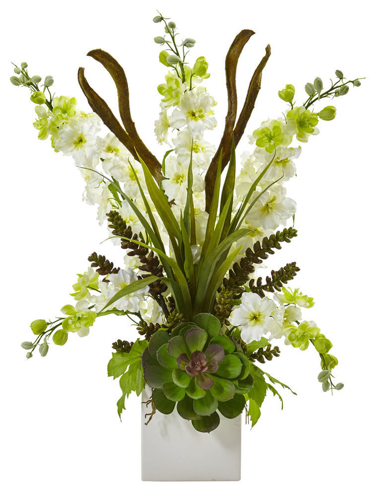 Delphinium and Succulent Arrangement, White