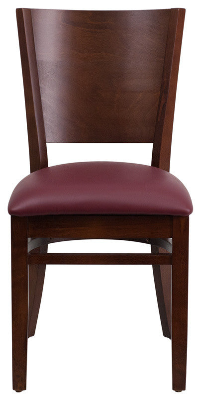 Modern Solid Back Walnut Wood Restaurant Chair, Burgundy Vinyl Seat