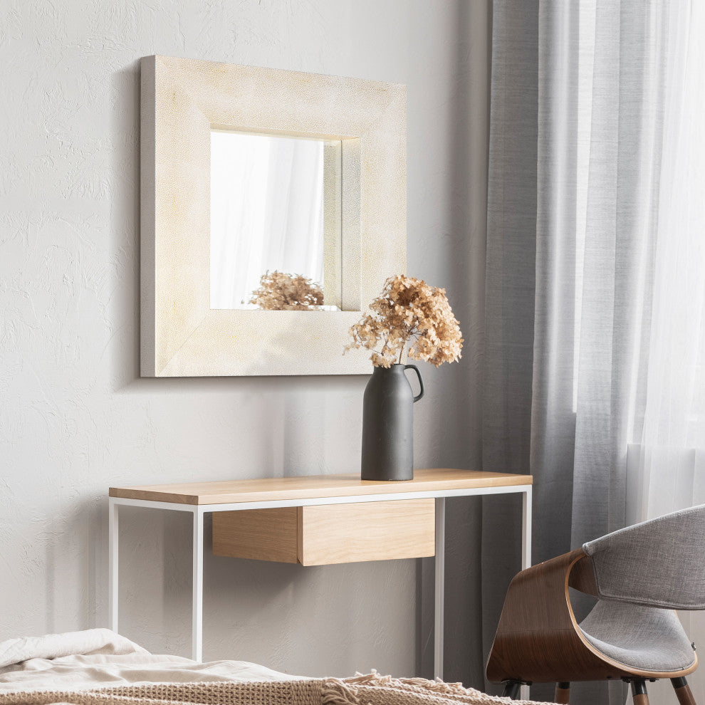 Beveled Wall Mirror, Gold on White Metallic Shagreen Leather Framed Mirror