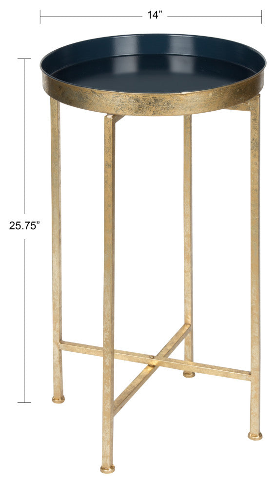 Kate and Laurel Celia Round Metal Foldable Tray Accent Table, Gold and Navy Blue