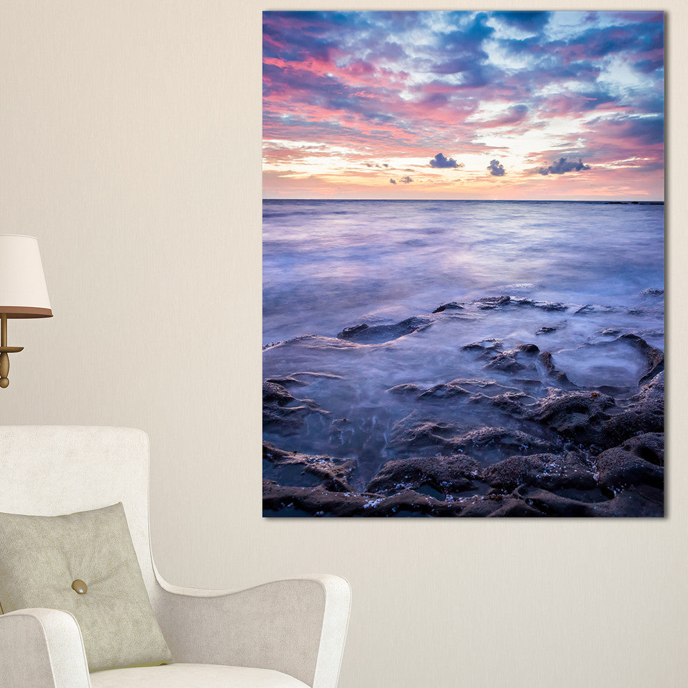 "Long Exposure Twilight Sea Rocks" Beach Canvas Wall Art, 16"x32"