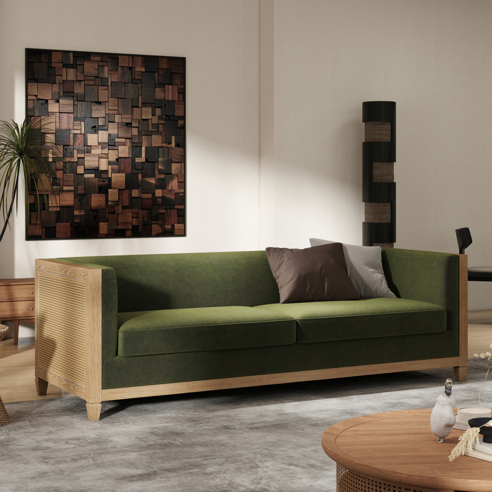 Georgia 81" Cane Rattan Tuxedo Sofa, Olive Green