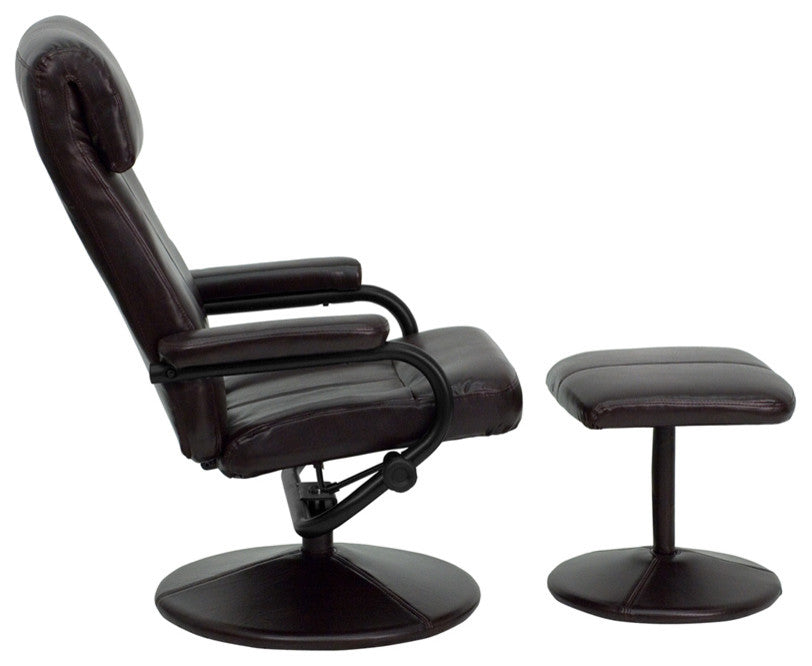 Contemporary Leather Recliner and Ottoman With Leather Wrapped Base, Brown, 26.5