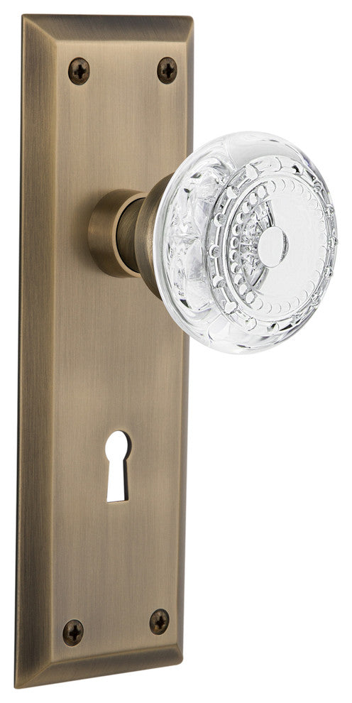 New York Plate Double Dummy, Keyhole Crystal Meadows Knob, Antique Brass, NYKCME
