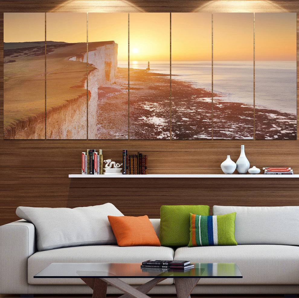 Sunrise over South Coast of England, Seashore Canvas Wall Art, 83"x32", 7 Panels