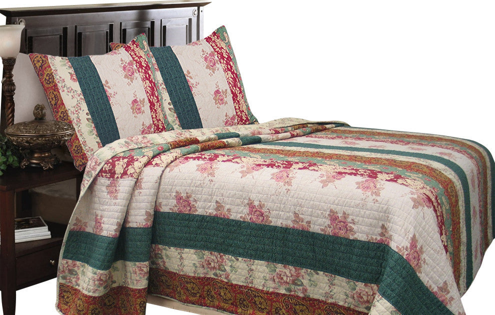 Rose Stripe Reversible 100%Cotton 3-Piece Queen-Size Quilt Set