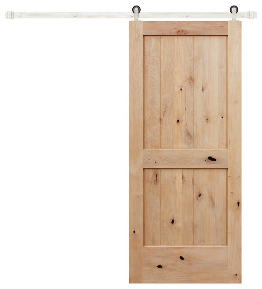 Unfinished Interior Knotty Alder 2 Panel V-Groove Barn Door, Stainless