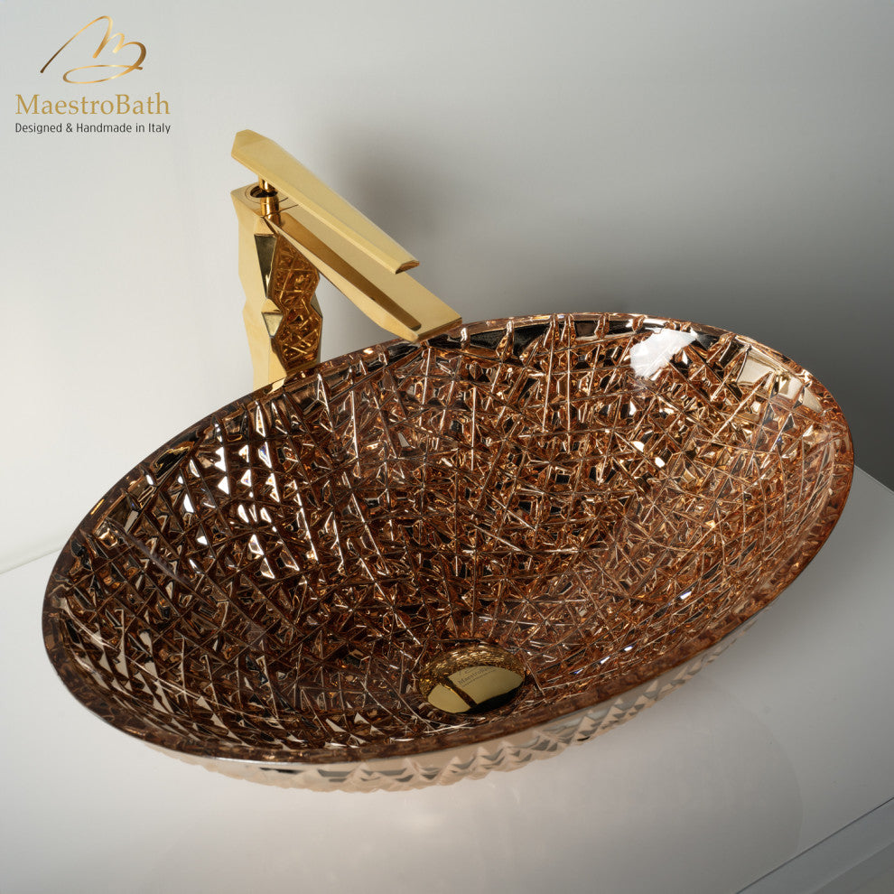 De Medici Luxury Ice Vessel Sink, 24-Karat Crystal Elegance for Opulent Bath, Rose Gold