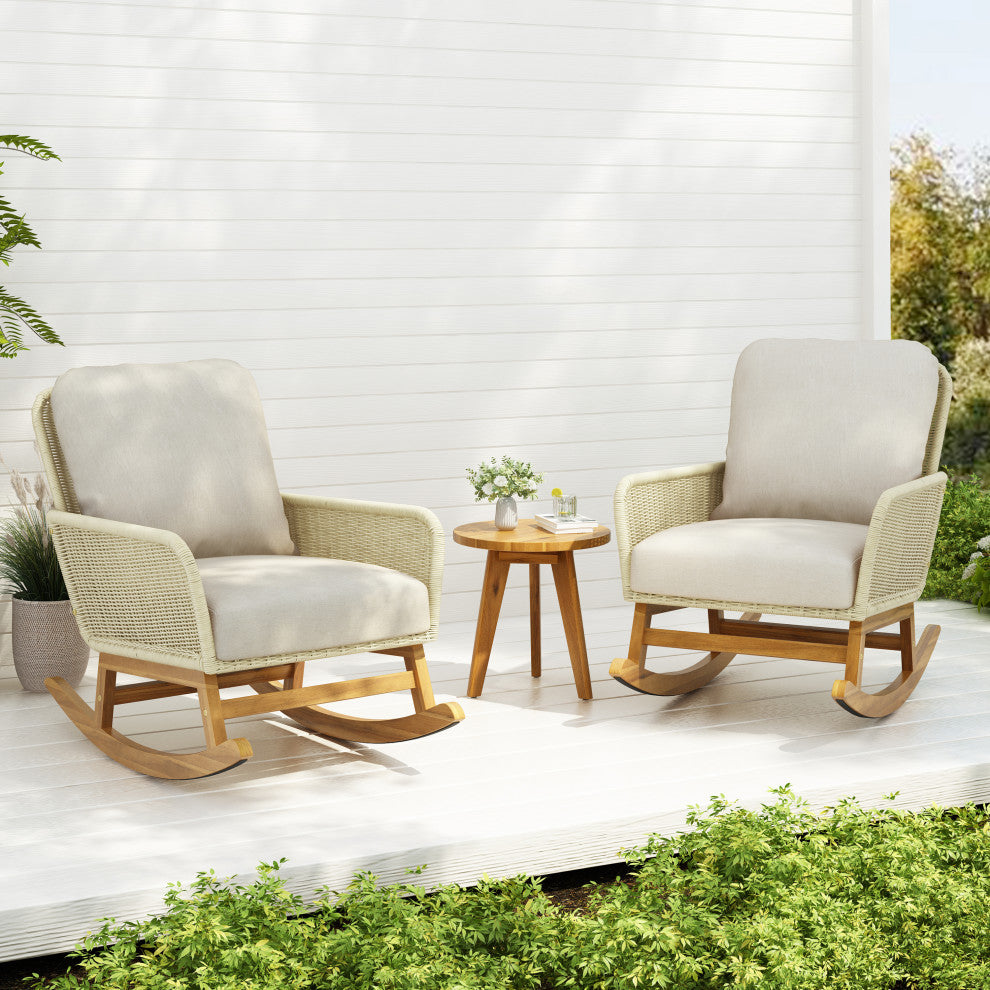 CKH Outdoor 3-Piece Rocking Chair Set with Cushions & Table, Ivory/Natural