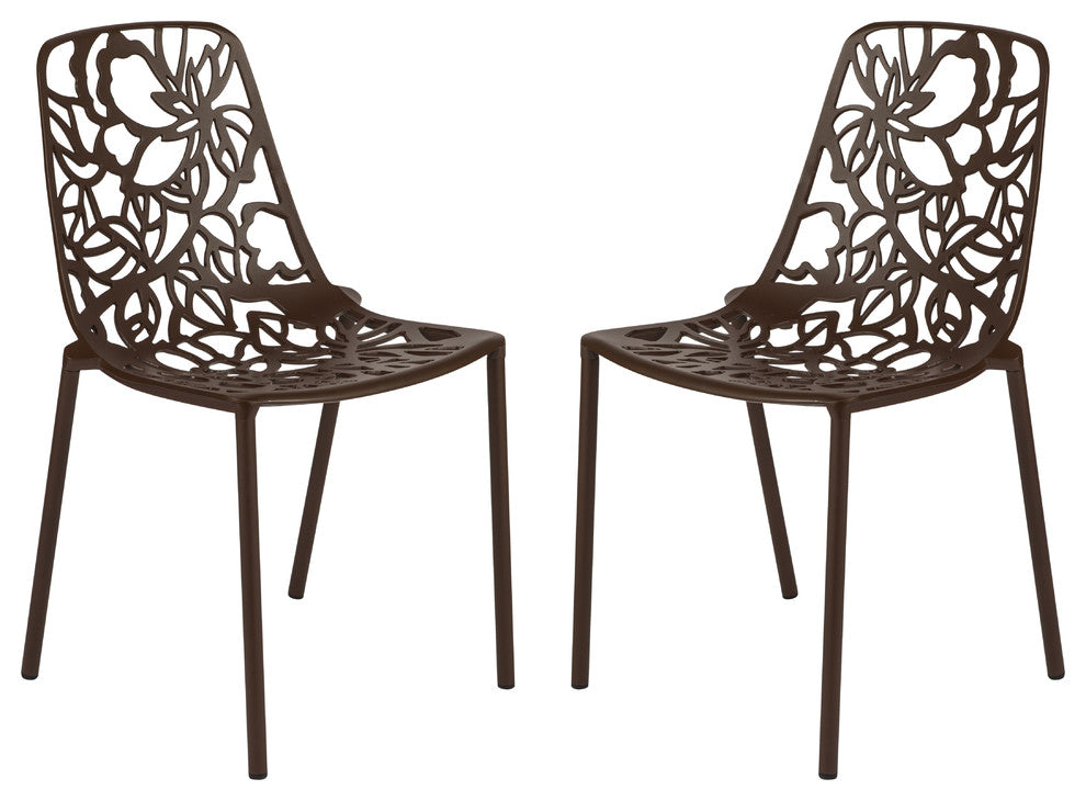 LeisureMod Devon Modern Outdoor Stackable Aluminum Dining Chair, Set of 2, Brown