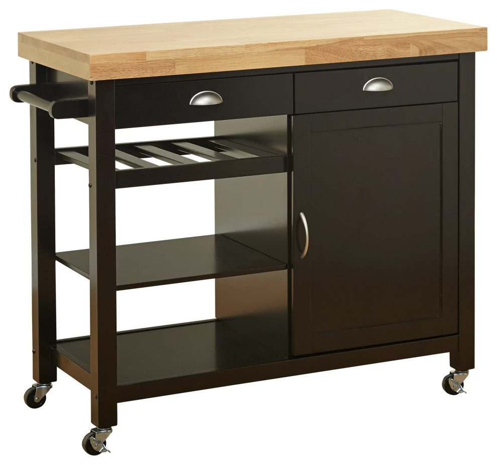 Modern Kitchen Cart, 3 Open Shelves & Storage Drawers With Natural Top, Wenge