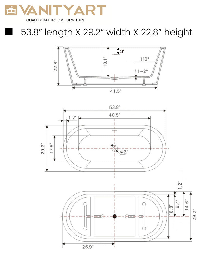 Vanity Art 54"x29" Acrylic Non-Slip Freestanding Soaking Bathtub, Pure White, 54" Soaking