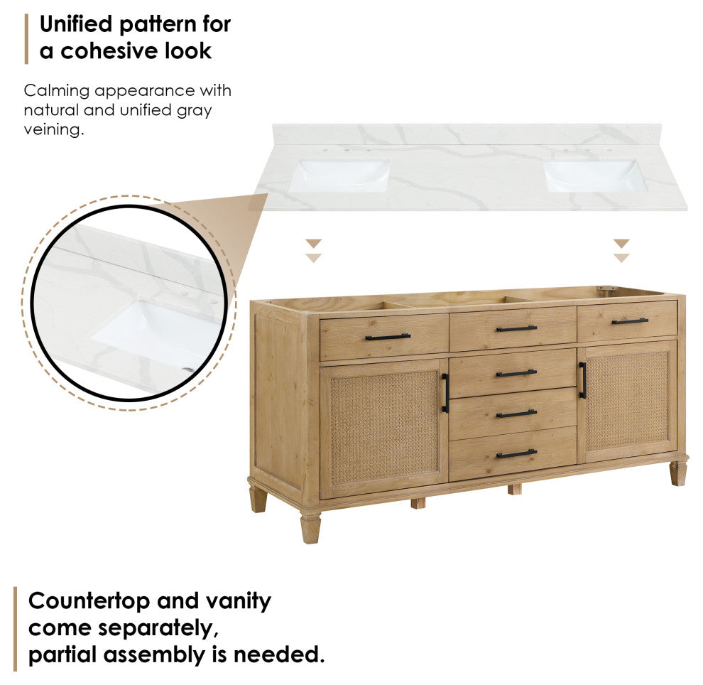 Solana Bathroom Vanity with Calacatta White Quartz Stone Countertop, Weathered Fir, 72", Without Mirror