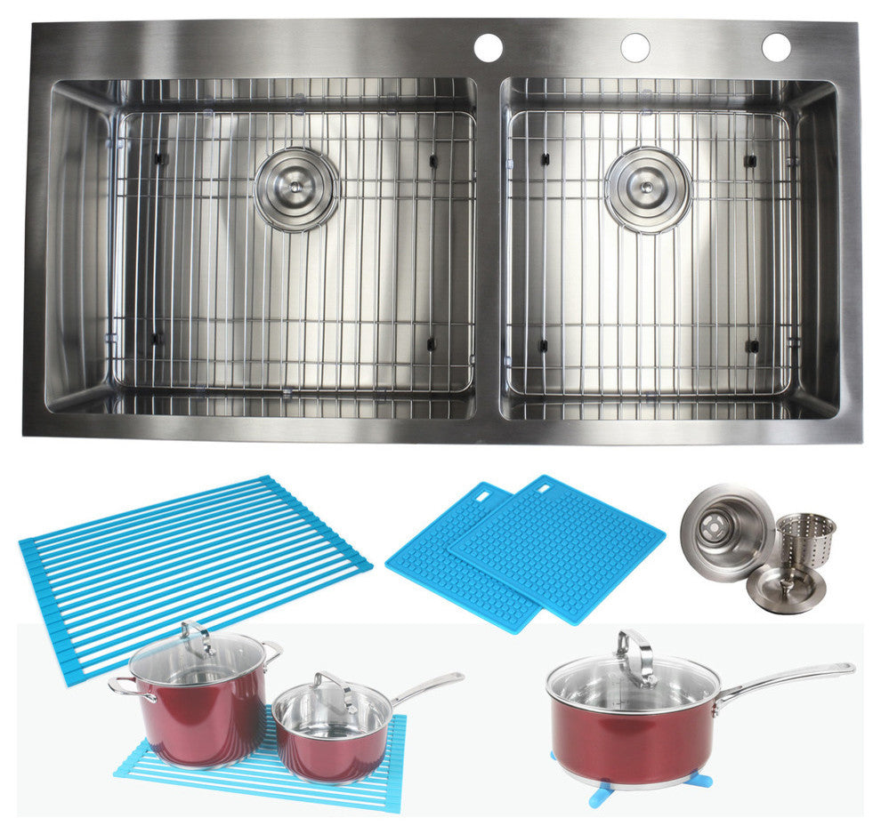 43" Drop In Topmount Stainless Steel Double Bowl Kitchen Sink Package