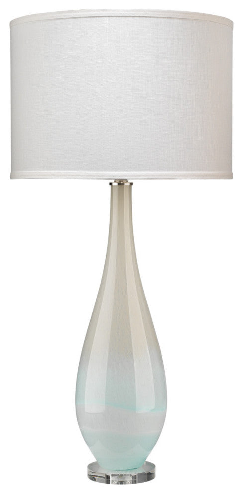 Dewdrop Table Lamp, Sky Blue Glass With Classic Drum, White Linen