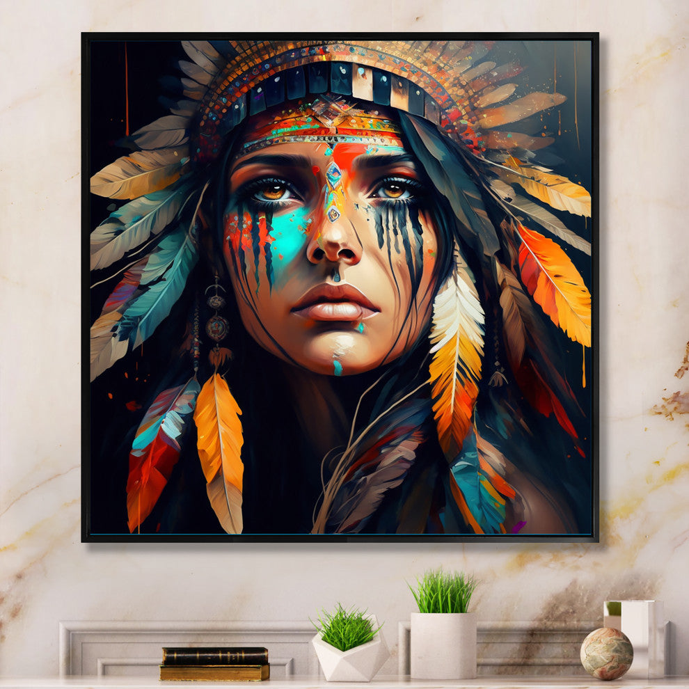 Colorful Native American Woman III Framed Canvas, 16x16, Black