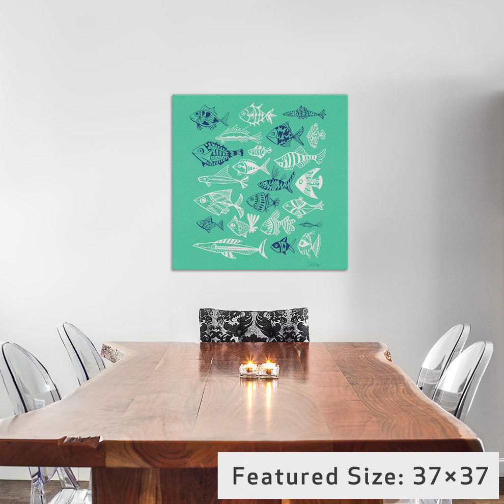 "Fish Inkings Green Navy White Artprint" by Cat Coquillette, 18x18x1.5