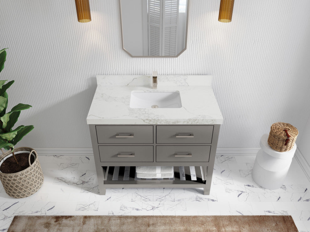 Parker 42" Single Sink Bath Vanity, Elephant Skin Gray 2" Calacatta Nuvo