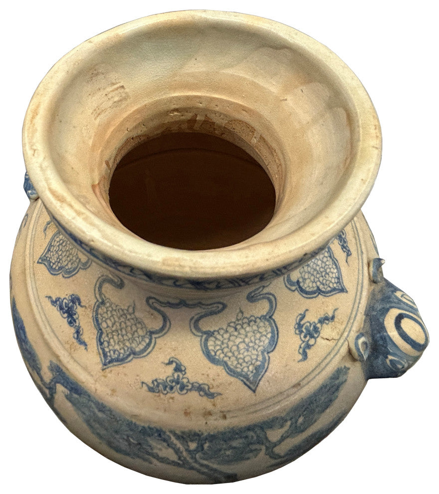 Light Tan Cream Base Blue Scenery Graphic Pottery Ceramic Vase Hws4414
