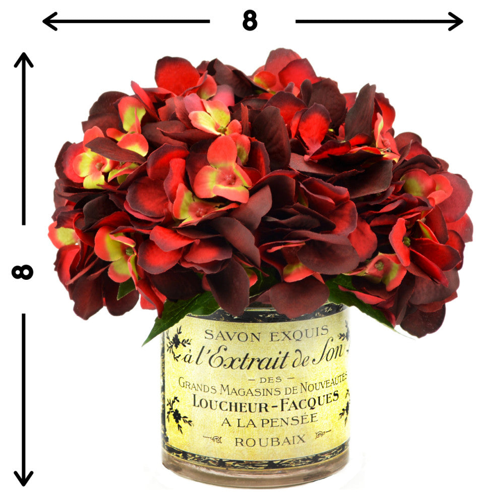 Burgundy hydrangeas in French label pot