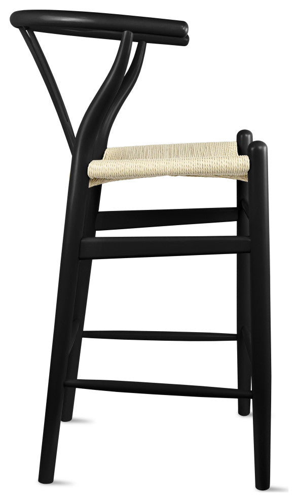 Wishbone Solid Wood Counter Height Bar Stool Y Open Back Weave Seat, Black