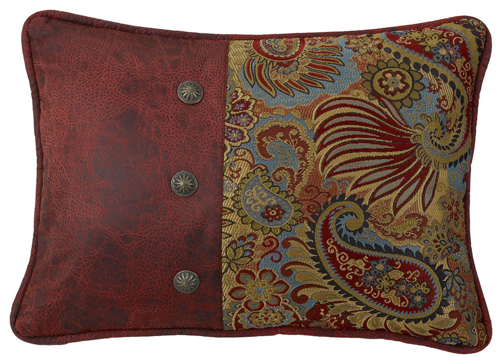 Paisley Print Pillow With Red Faux Leather, 16"x21"
