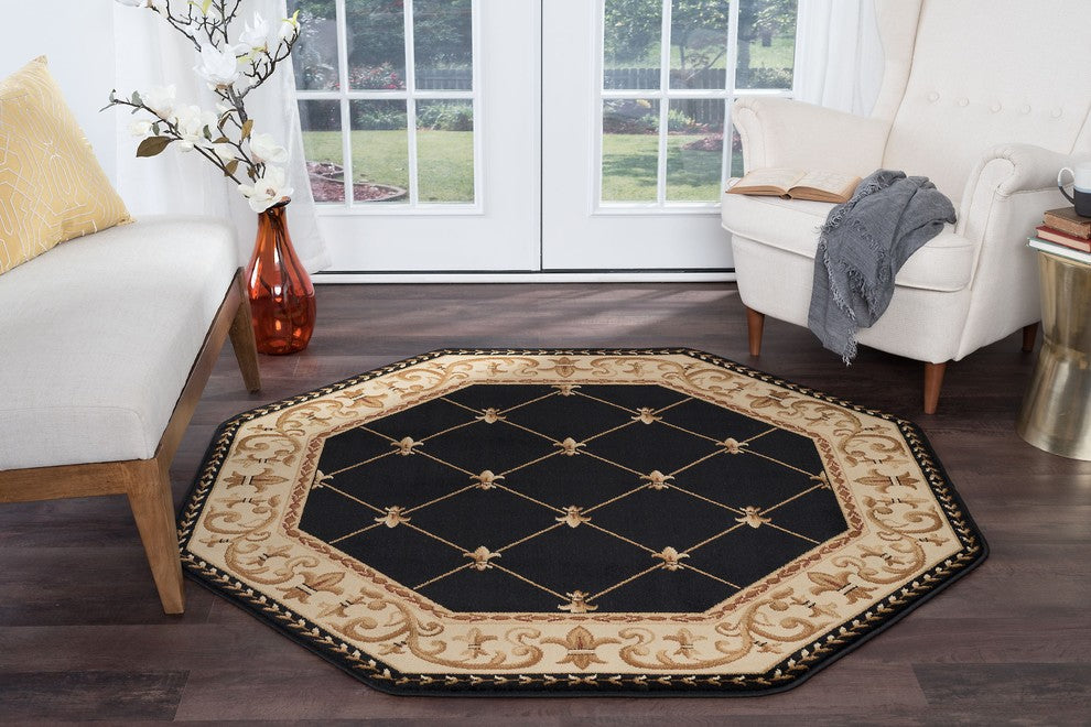 Orleans Traditional Border Area Rug, Black, 5'3" Octagon