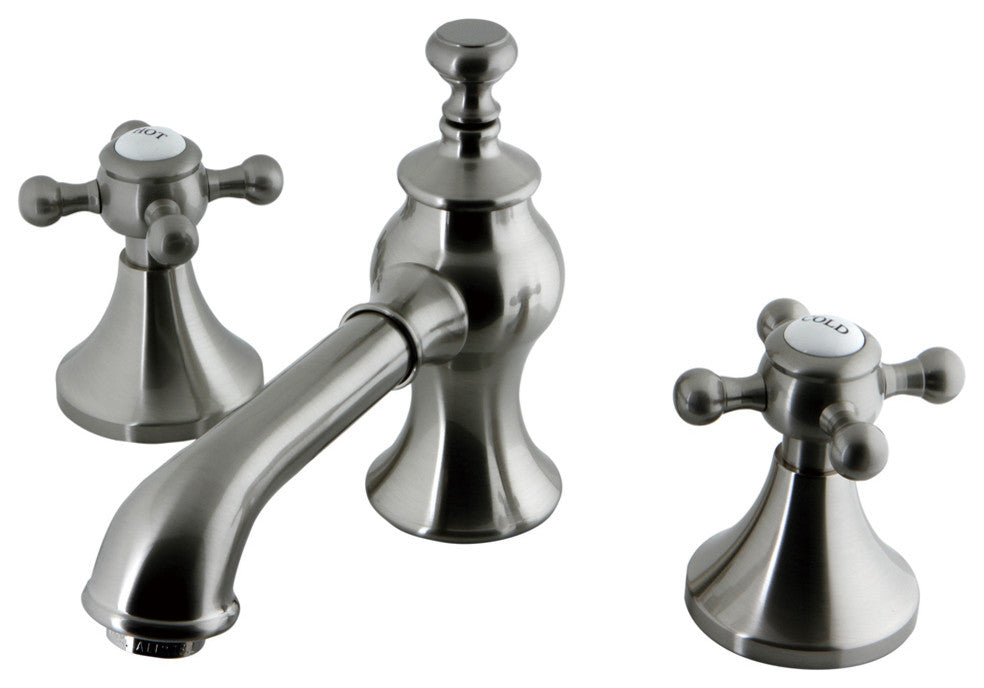 Widespread Lavatory Faucet,Brass English Country Pop-up Drain,Satin Nickel