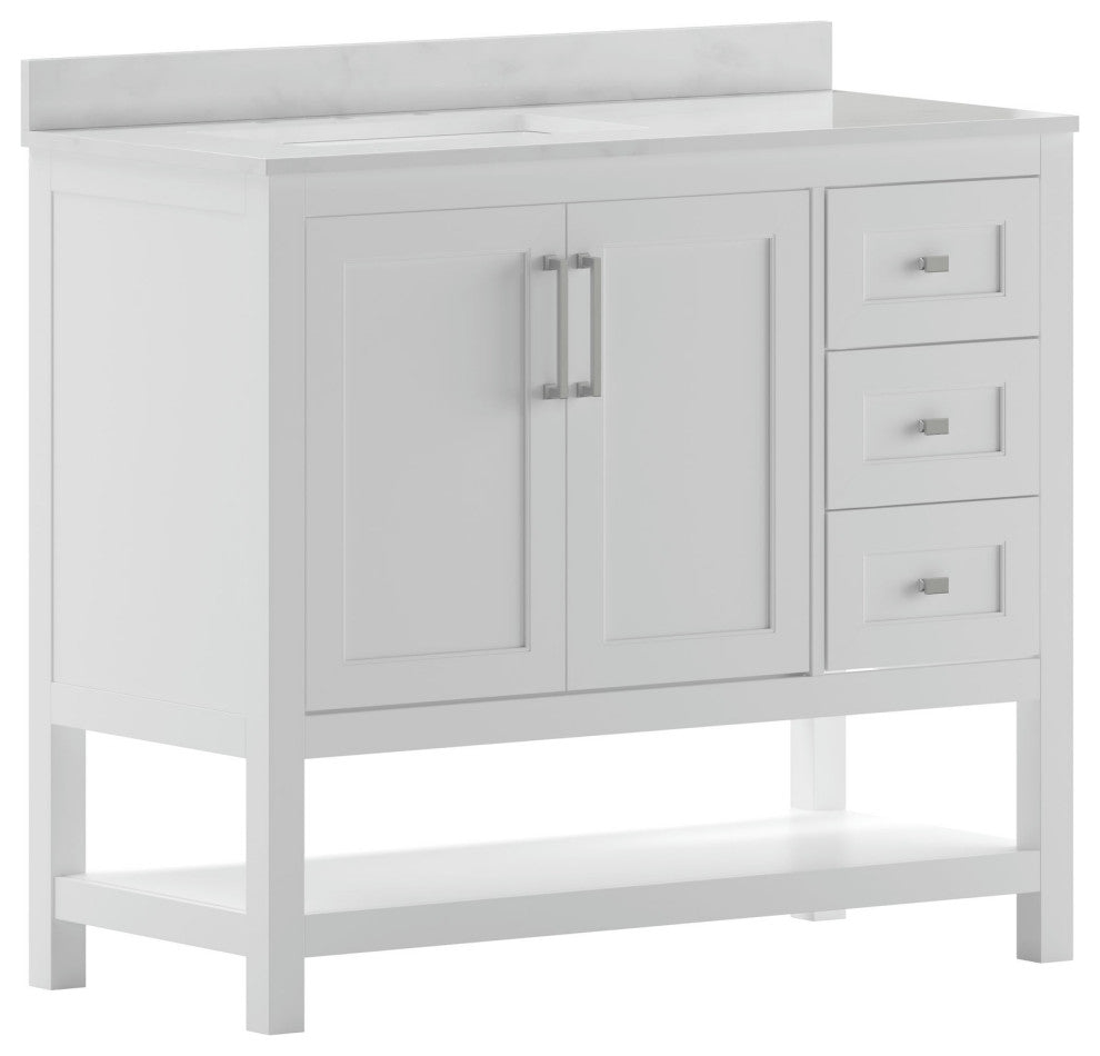 Vega Bath Vanity-Sink, Soft Close Doors, 3 Drawers, Carrara Marble Finish Top, White, 42 Inch
