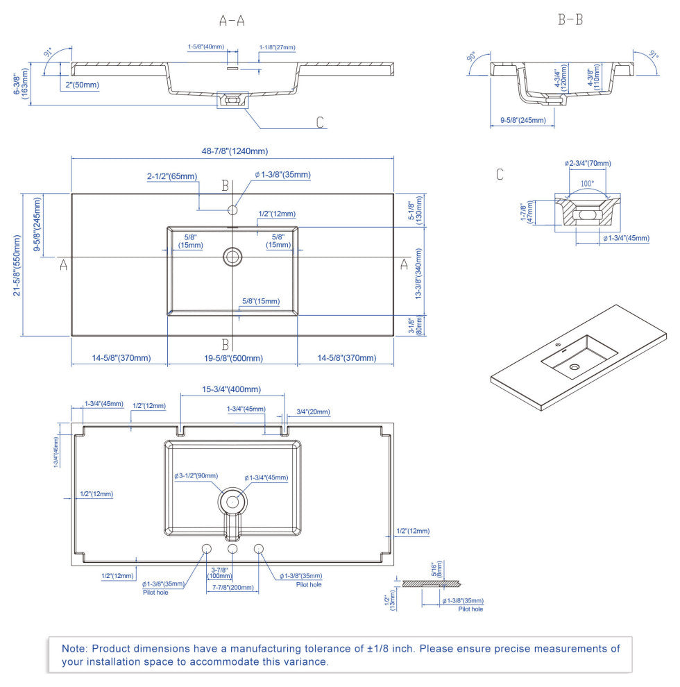 Dowell 22" FTB Resin Bathroom Vanity Basin, White, 49wx22dx6h 1-Sink