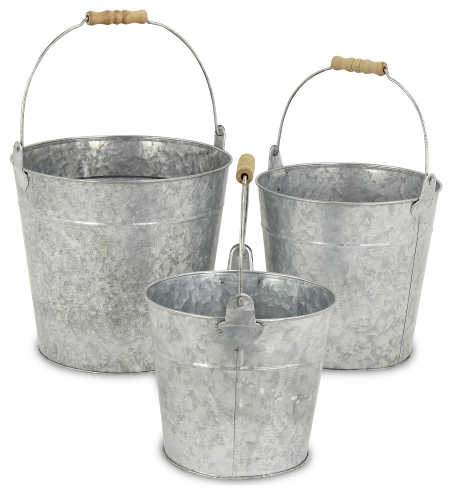 Galvanized Metal Garden Buckets, Set of 3