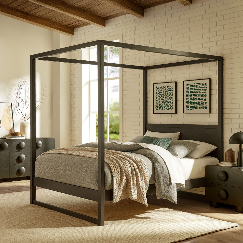 Alva Queen Wood Canopy Platform Bed, Smoked Oak