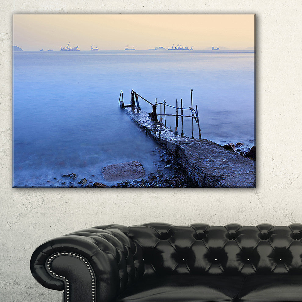 "Abandoned Pier Into Blue Sea" Sea Bridge Canvas Wall Artwork, 40"x20"