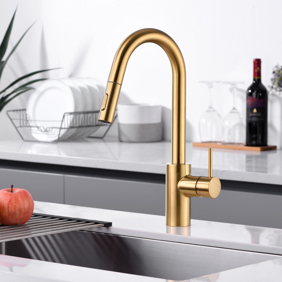 Luxier KTS21-T Single-Handle Pull-Down Sprayer Kitchen Faucet, Brushed Gold