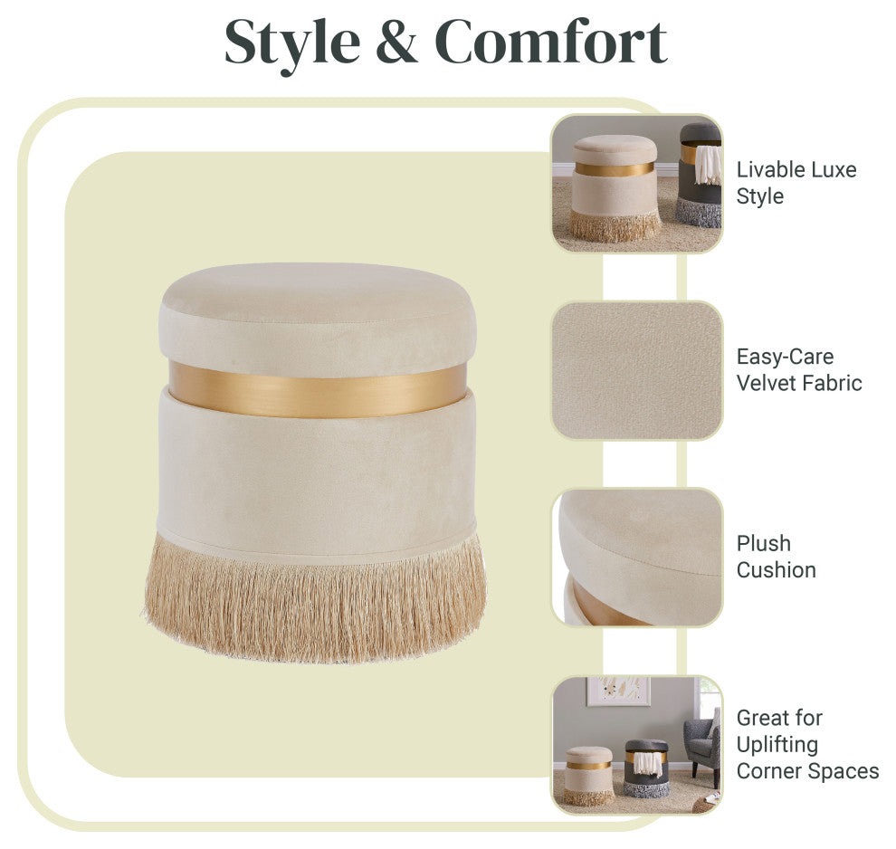 Suri Velvet Fabric Fringe Round Storage Ottoman, Serene Cream