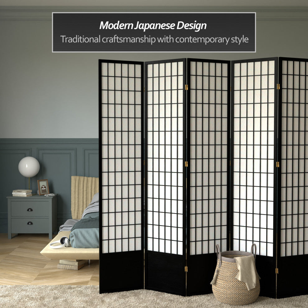 7' Tall Window Pane Shoji Screen, Black, 8 Panels