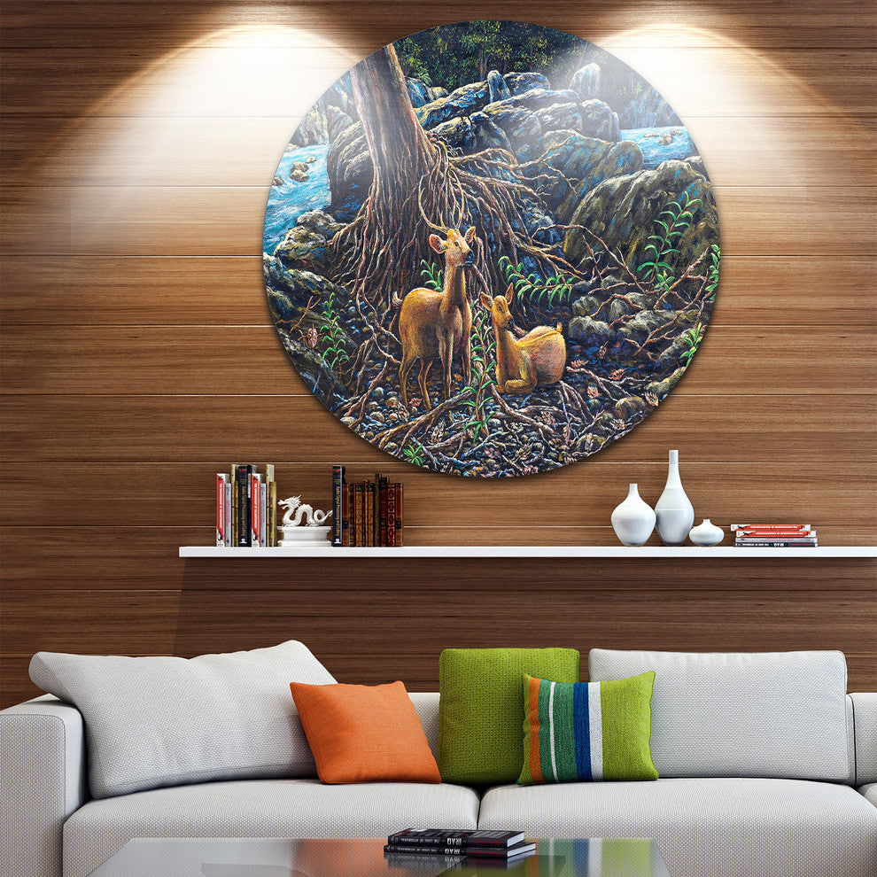 Deer In Forest, Landscape Painting Round Wall Art, 38"